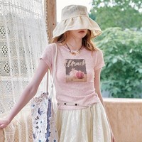 妖精的口袋蓝色印花针织短袖t恤女2025夏季新款修身显瘦休闲上衣 石榴浅粉色 M
