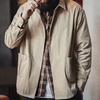 马登工装 美式休闲人字纹双排扣长袖衬衫百搭通勤翻领叠穿白衬衣男秋 深卡其 服装真5折 XL