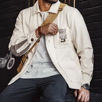 马登工装法式三袋夹克灯芯绒撞色拼接外套重磅纯棉白牛翻领上衣男秋 米白色 服装真5折 2XL （偏大，建议拍小一码）