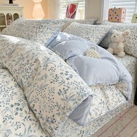 流川枫 全棉高支斜纹印花新疆棉高密纯棉被套床单四件套 蓝沫SXD 1.5m 床单款 (被套200*230cm) 套件