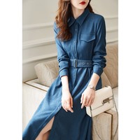 德玛纳（dme）都市摩登连衣裙女2024秋冬新款知性简约正肩袖X型翻领中长裙 湖蓝 M