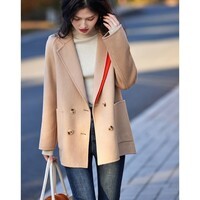 德玛纳（dme）【西装式呢大衣外套】冬季翻领撞色拼接H型西装呢外套女春秋 卡其色 M