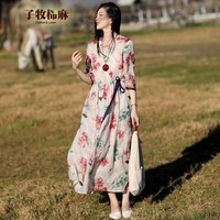 子牧棉麻春夏装 女复古文艺碎花七分袖连衣裙系带收腰显瘦长裙子6388 花色 L (建议115-125斤)