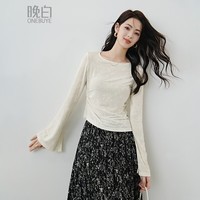 晚白2026春款时尚圆领喇叭袖暗纹提花淡人穿搭上衣弹力收褶显瘦打底衫 浅杏色 M