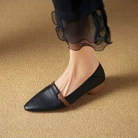 慕芹茹新款法式复古真软皮粗跟单鞋女鞋 暗夜黑 35 脚大脚宽拍大一码