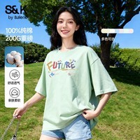 班尼路（Baleno）S&K纯棉短袖T恤女夏季重磅宽松设计文艺休闲圆领内外搭上衣半袖4 水绿#彩虹涂鸦字 S