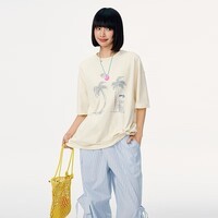 Mmlg 7A抗菌 87mm纯棉短袖T恤女夏季新款潮牌印花韩系情侣宽松上衣 米杏色 XL