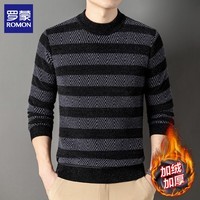罗蒙（ROMON）男士圆领加绒毛衣冬季新款雪尼绒条纹针织衫中老年保暖百搭毛线衣 黑色 加绒 XL