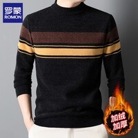 罗蒙（ROMON）圆领男士条纹毛衣冬季新款雪尼绒保暖毛线衣中年爸爸装百搭毛衫 黑色 加绒 XL