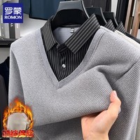 罗蒙（ROMON）仿雪貂绒加绒假两件毛衣男2025秋冬新款保暖衬衫领男士针织打底衫 225灰色 XL (建议体重130-150斤)