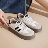 拉夏贝尔女鞋德训鞋女厚底增高小白鞋百搭潮流休闲低帮小白鞋子女 黑棕 LADX1301 36