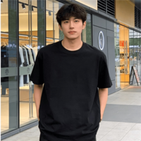 200克高紧赛纯棉三本针圆领宽松落肩短袖T恤纯色短袖 T600-黑色 2XL