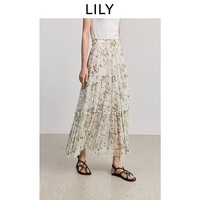 LILY商场同款2025夏女装波西米亚风碎花休闲百褶裙半身裙 303浅绿 M