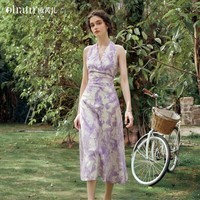 Olrain【法式挂脖印花连衣裙】欧芮儿夏季女装浪漫V领裙子女衣服 紫色 L
