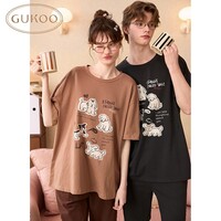 果壳（Gukoo）情侣睡衣可爱小狗纯棉舒适圆领卡通短袖长裤男士家居服女可外穿A 小狗情侣睡衣 M 女