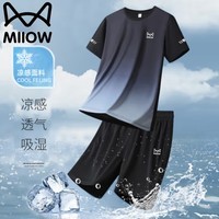 猫人套装男士夏季冰感透气圆领T恤休闲百搭五分裤两件套 黑灰色 2XL