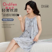 欧迪芬睡裙女士睡衣夏季新款冰丝女士吊带睡裙国风印花家居裙 深灰 2XL