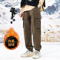 布衣传说工装加绒裤子男松紧腰抽绳分割拼接保暖束脚休闲裤男裤 咖啡 L