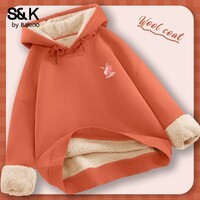 班尼路（Baleno）S&K系列加绒卫衣女装重磅保暖羊羔绒加厚上衣服冬季套头连帽外套 浅橙#水彩荔枝k 【连帽卫衣】 XL