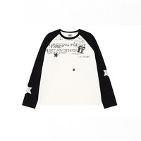 F426柔系美式夏季新款圆领撞色印花星星长袖T恤 黑色撞白 M