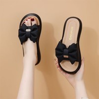 慕芹茹平底外穿拖鞋女夏厚底2026年新款蝴蝶结轻便百搭时尚仙女风一字拖 黑色 35