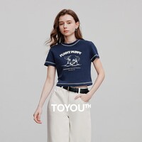 初语修身短款短袖T恤女2025夏季新款减龄小狗印花辣妹时尚上衣 藏青色 M