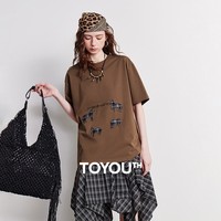 初语棉T恤女2026夏季新款咖啡色格纹骏马贴布绣圆领宽松落肩上衣 咖啡色 M