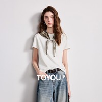 初语棉质短袖T恤女2026春季新款圆领合体配丝巾波嬉风显瘦上衣 白色 M