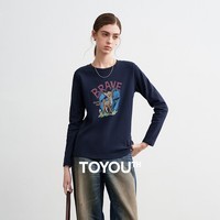 初语小鹿印花长袖T恤女2026春季新款减龄趣味休闲打底上衣 深宝蓝 S