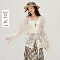 茵曼（INMAN）法式镂空V领喇叭袖针织开衫2026春季女装新款系带宽松毛衣 米杏色 M