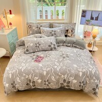 多兰诗（Duolanshi）牛奶绒四件套卡通双面加绒学生宿舍家用床单被套床上用品套件 花姿-灰 1.8米 床单款 被套200*230cm 四件套