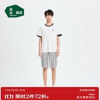 松山棉店反季清仓萌宠条纹短袖短裤套装情侣睡衣夏季棉莫家居服男女款宽松 男士-白色 M （女士95-110斤，男士125-140斤)