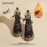 达芙妮厚底加绒马丁靴女2025秋冬雪地靴软底百搭短靴加厚保暖棉鞋女外穿 黑卡其色【厚绒款】 37