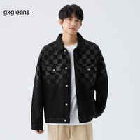 gxgjeans男装2024年春季黑色翻领棋盘格牛仔夹克外套男 黑色-Y XL (180)