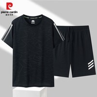 皮尔卡丹运动套装男士夏季速干短袖短裤跑步健身休闲宽松大码篮球训练队服 黑色 M