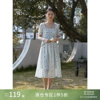 自巧小个子法式方领蓝色碎花连衣裙女夏新款温柔风雪纺茶歇裙22ZQ2066 蓝色碎花 XXS 148cm/39kg参考