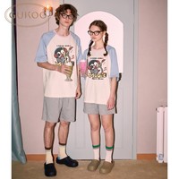 果壳（Gukoo）情侣睡衣夏季原创小企鹅纯棉套头插肩袖卡通女家居服套装男睡衣B 小企鹅女套装 L