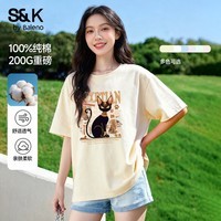 班尼路S&K纯棉短袖T恤女夏咖重磅宽松印花设计休闲圆领内外搭上衣半袖4 杏#Z埃及小黑猫 4XL