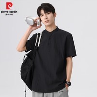 皮尔卡丹短袖衬衫男士2025夏季休闲百搭立领衬衣半袖上衣服男装 黑色 M