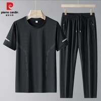 皮尔卡丹夏季运动套装男士短袖T恤速干衣跑步健身透气弹力大码套装男士款 黑色 L