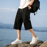 月伊纺短裤男夏季宽松直筒休闲裤子男士运动七分裤 黑色 -卡码拍大 4XL