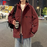 皮尔卡丹春秋季情侣连帽宽松版冲锋衣新款防风防水男士工装潮流夹克情侣 莎酱红 M 建议【体重115-1135斤】
