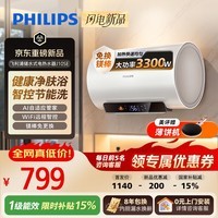 飞利浦(PHILIPS)国家补贴15%电热水器60升 J10SE 3300W速热电储水式 WIFI智控一级能效免换镁棒 京东自营上门安装