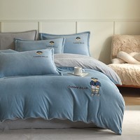 AIDLIA类加厚牛奶绒四件套冬天保暖牛奶绒床单被套被罩床上用品 可可熊-海盐蓝+浅灰 1.5/1.8m床 床单款 （被套200*230cm）