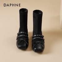 达芙妮瘦瘦靴平底小短靴女2025新款秋冬季爆款袜靴马丁靴显瘦靴子 黑色 37