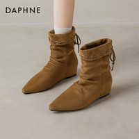 达芙妮加绒马丁靴女鞋2025新款冬季保暖美拉德尖头时尚西部牛仔靴 驼色 35