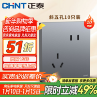 正泰（CHNT）开关插座面板86暗装家用五孔插座全屋墙壁电源开关面板6TS月影灰 斜五孔插座10只装