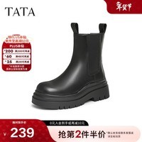 他她（TATA）英伦厚底切尔西靴女靴子加绒真皮烟筒靴短靴冬季7C960DZ4 黑色（绒里） 37