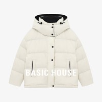 Basic House/百家好连帽撞色羽绒服韩版加厚短款白鸭绒外套冬保暖 米白 L