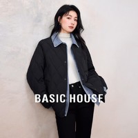 Basic House/百家好休闲百搭冬季新款宽松长袖翻领衬衫式羽绒服女 黑色 L